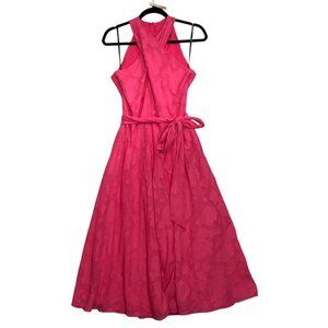 Tahari ASL Fuchsia Sleeveless Halter Ball Gown Dress Floral Texture Women Sz 4